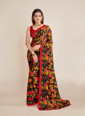 shiv textiles Floral Print, Printed, Embellished Bollywood Georgette Saree(Black)