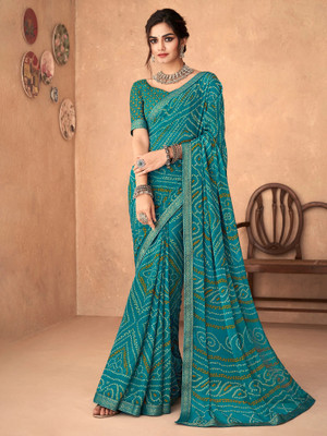 Sareemall Embellished Bandhani Chiffon Saree(Dark Blue)