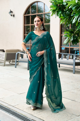 Vintro Embellished Bollywood Art Silk Saree(Green)