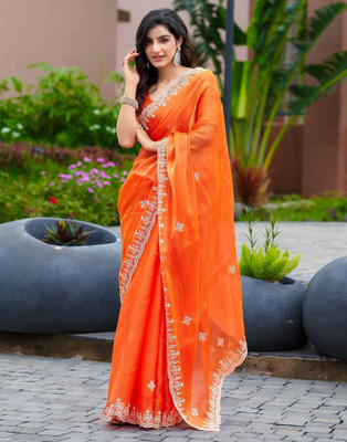 Satrani Embroidered, Embellished Bollywood Jimmy choo, Tissue Saree(Orange)