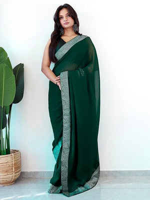 Cipto Solid/Plain Bollywood Georgette Saree(Green)