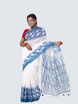 AngaShobha Solid/Plain Chettinadu Cotton Blend Saree(White)