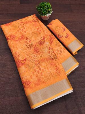 Parevadi Printed Bollywood Cotton Linen Saree(Orange)