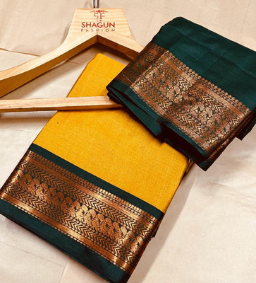 SHAGUN Printed Banarasi Cotton Silk, Jacquard Saree(Yellow)