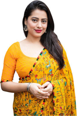 Aadimam Creation Printed Bollywood Art Silk Saree(Pink, Yellow)