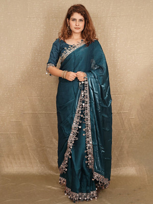 ANOUK Embellished Saree with Attached Blouse Organza Saree(Blue)