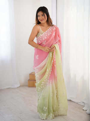 Dwarros Embroidered Bollywood Silk Blend Saree(Pink, Light Green)
