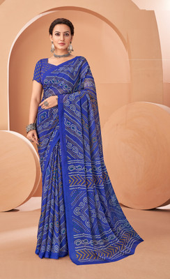 Swarne Geometric Print Bandhani Chiffon Saree(Blue)