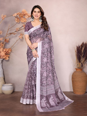 Soor Panchi Digital Print Paithani Cotton Linen Saree(Purple)