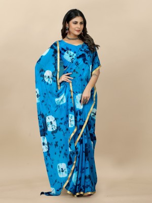 A To Z Cart Hand Painted, Printed Bollywood Chiffon Saree(Light Blue)