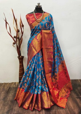 Mervadiya Self Design Kanjivaram Organza, Pure Silk Saree(Blue)