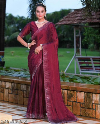 ShiVAdit Ethnic Embroidered Banarasi Georgette, Chiffon Saree(Maroon)