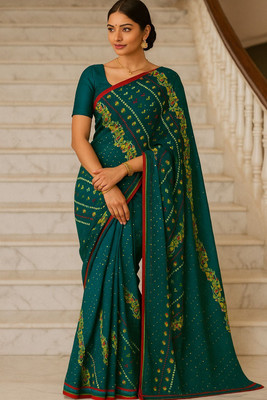 GENRAL Floral Print, Geometric Print, Printed Bandhani Georgette Saree(Blue)