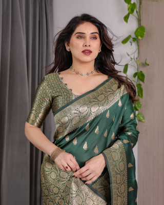 KB TEX Woven, Self Design Banarasi Pure Silk Saree(Dark Green)