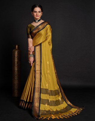 Satrani Woven, Embellished, Self Design Banarasi Cotton Silk Saree(Mustard, Black)