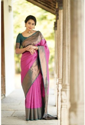 NIRLABH Striped Kanjivaram Pure Silk Saree(Pink)