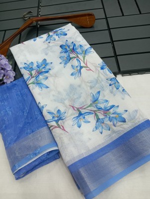 ASHTA Floral Print Kanjivaram Linen Saree(Light Blue)