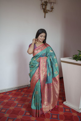 fospy Woven Banarasi Jacquard, Pure Silk Saree(Green, Red)
