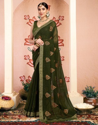 Samah Embroidered, Embellished Bollywood Georgette, Lace Saree(Multicolor, Green)