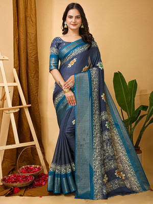 Anouk Rustic Printed Chinnalapattu Silk Blend Saree(Grey)