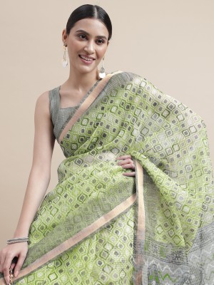 MIRCHI FASHION Printed, Floral Print, Checkered Kota Doria Polyester Saree(Light Green, Grey)