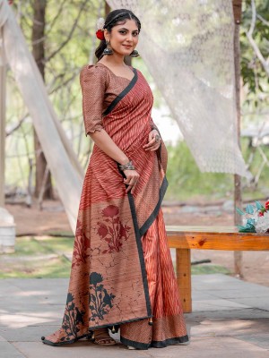 Divastri Printed Hand Batik Silk Blend Saree(Brown)