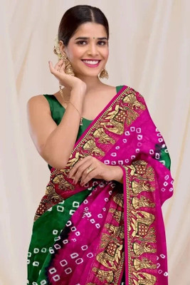 rajranitextiles Hand Painted Bandhani Georgette Saree(Pink)