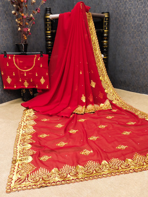 KHRITI FAB Embroidered Bollywood Georgette Saree(Red)