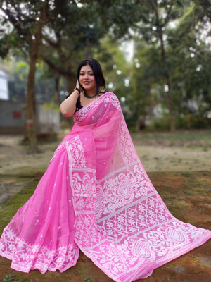 ADbutiq Applique Bollywood Handloom Cotton Blend Saree(White)