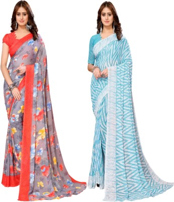 ANIRAV Printed Bollywood Georgette Saree(Pack of 2, Red, Blue)