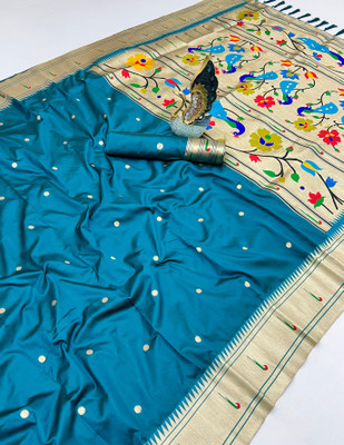 PANZORA Woven Paithani Cotton Silk Saree(Blue)