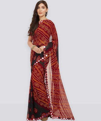 MIRCHI FASHION Printed Bandhani Georgette Saree(Red, Maroon, Black)