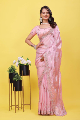 LH ENTERPRISE Embroidered, Self Design, Embellished Bollywood Satin Saree(Pink)