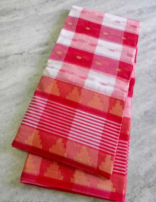 Balika bodhu Checkered Tant Pure Cotton Saree(White)