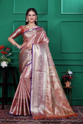 SHREE NATH CREATION Woven Dharmavaram Cotton Blend Saree(Orange, Gold)