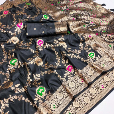 DIVINE JUNCTION WEAR Woven, Floral Print, Self Design Banarasi Satin Saree(Black)