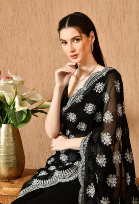 Leelavati Embroidered, Embellished Bollywood Georgette Saree(Black)