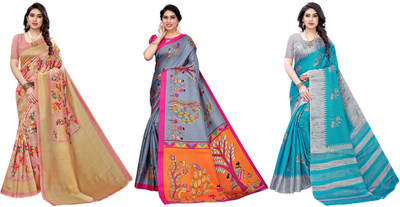 Nirvaan Printed Kalamkari Art Silk Saree(Pack of 3, Pink, Grey, Blue)