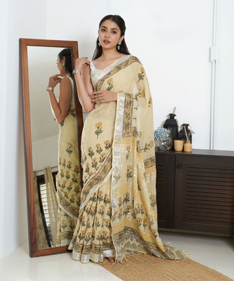 Soor Panchi Digital Print Pochampally Cotton Linen Saree(Beige)