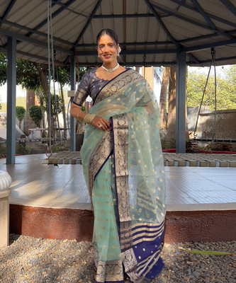 SIRIL Woven, Self Design, Embellished Banarasi Organza, Silk Blend Saree(Green)