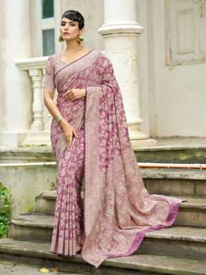 SWORNOF Self Design Lucknow Chikankari Cotton Blend Saree(Purple)