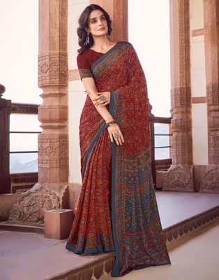 all about you Printed Daily Wear Crepe Saree(Red, Grey, Multicolor)