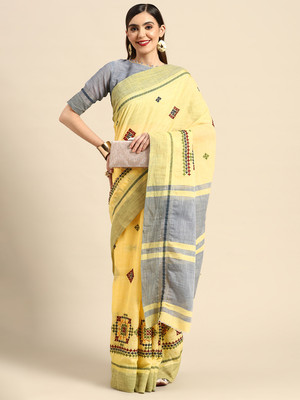 Divastri Embroidered Gadwal Cotton Linen Saree(Yellow)