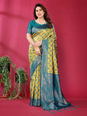 VASTUKALA Woven Kanjivaram Pure Silk, Art Silk Saree(Yellow, Blue)