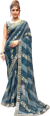 Priyashi Printed Daily Wear Georgette, Lace Saree(Blue)