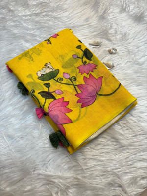 nirave fashion Printed Daily Wear Cotton Linen Saree(Yellow)