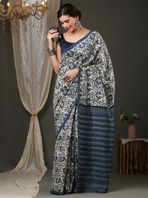 Anouk Rustic Printed Daily Wear Silk Blend Saree(Blue, Cream)