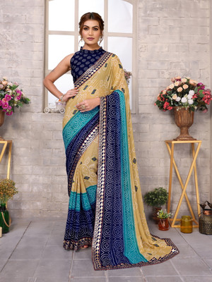 Divastri Printed Bandhani Georgette, Lace Saree(Blue)