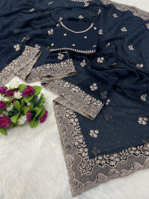 greeva enterprise Embroidered Bollywood Organza Saree(Dark Blue)