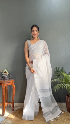 GEETABA FASHION Striped Chanderi Cotton Blend Saree(Grey)